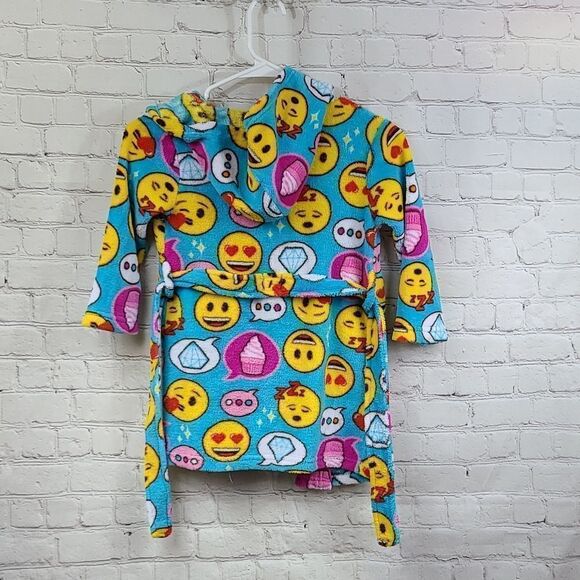 Emoji Plush Furry Fleece Blue Hooded Bathrobe Girls XS 4 Tie Robe Colorful Cute - Picture 9 of 10